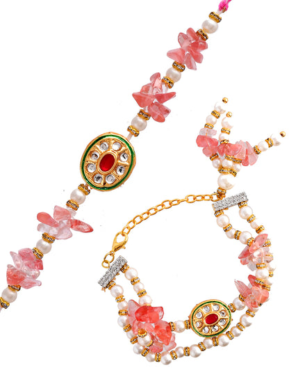 Pink Stones & Pearl Embellished Dazzling Bhaiya Bhabhi Rakhi Set.