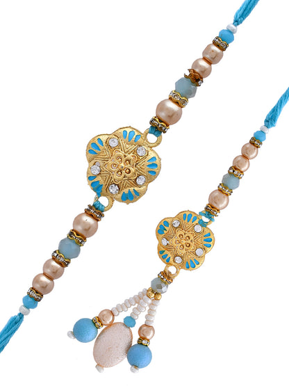 Cyan Metal & Pearl Crafted Elegant Bhaiya Bhabhi Rakhi