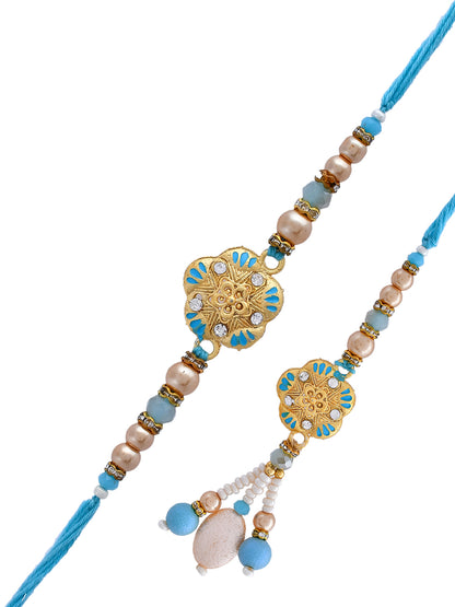 Cyan Metal & Pearl Crafted Elegant Bhaiya Bhabhi Rakhi