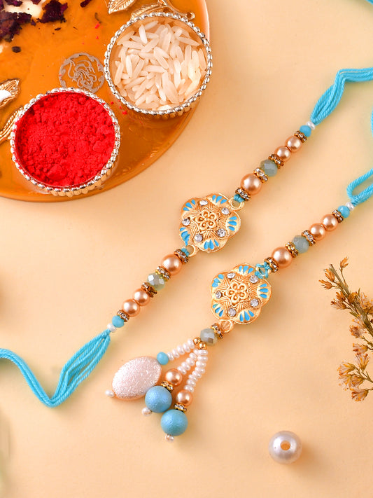Cyan Metal & Pearl Crafted Elegant Bhaiya Bhabhi Rakhi