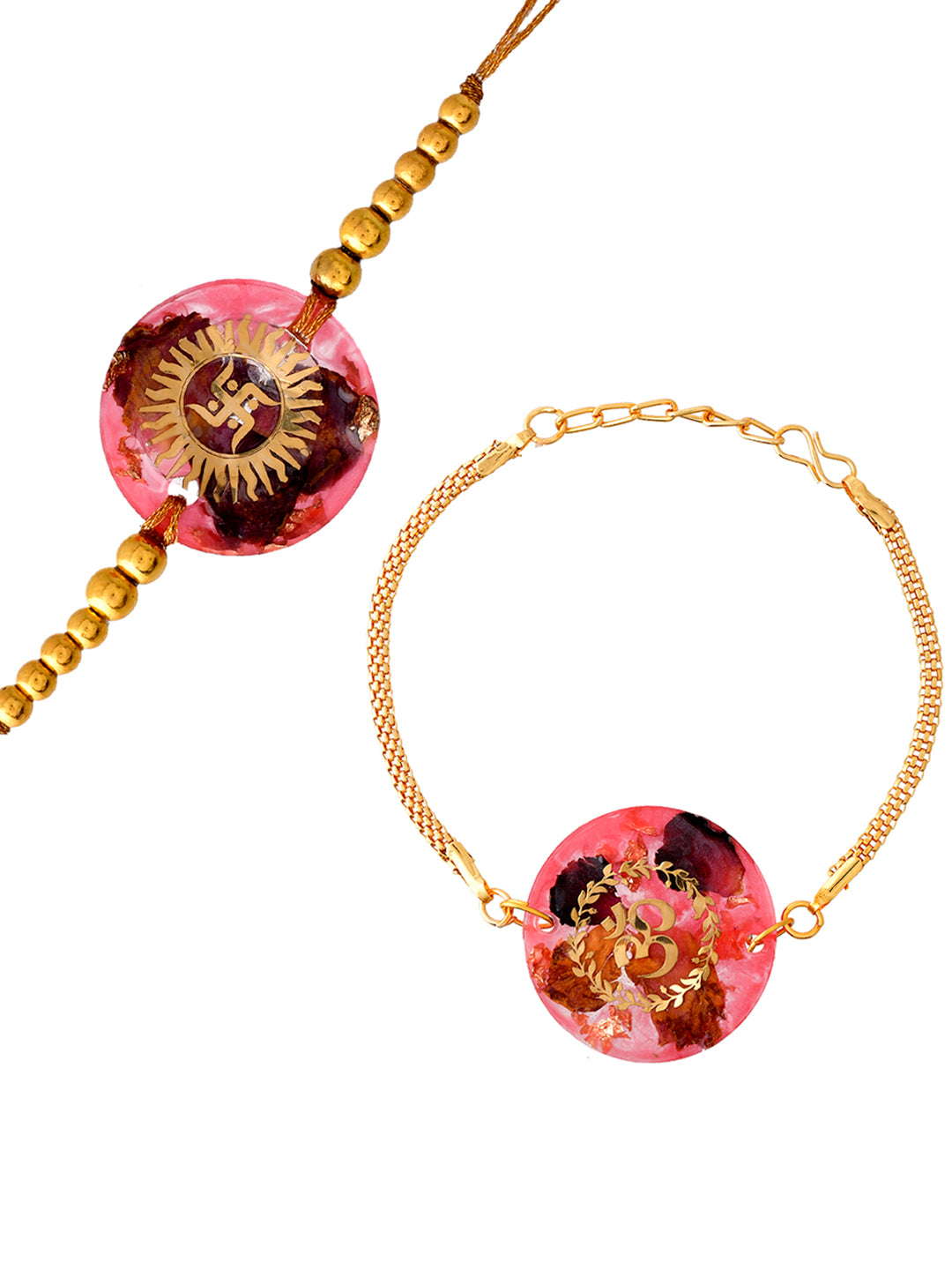 Handcrafted OM & Swastik Rose Petal Bhaiya Bhabhi Resin Pair Rakhi