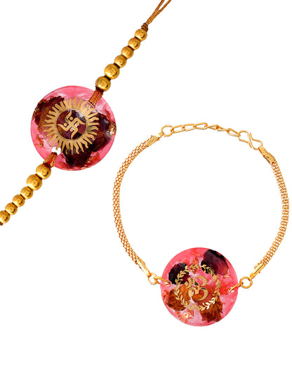 Handcrafted OM & Swastik Rose Petal Bhaiya Bhabhi Resin Pair Rakhi