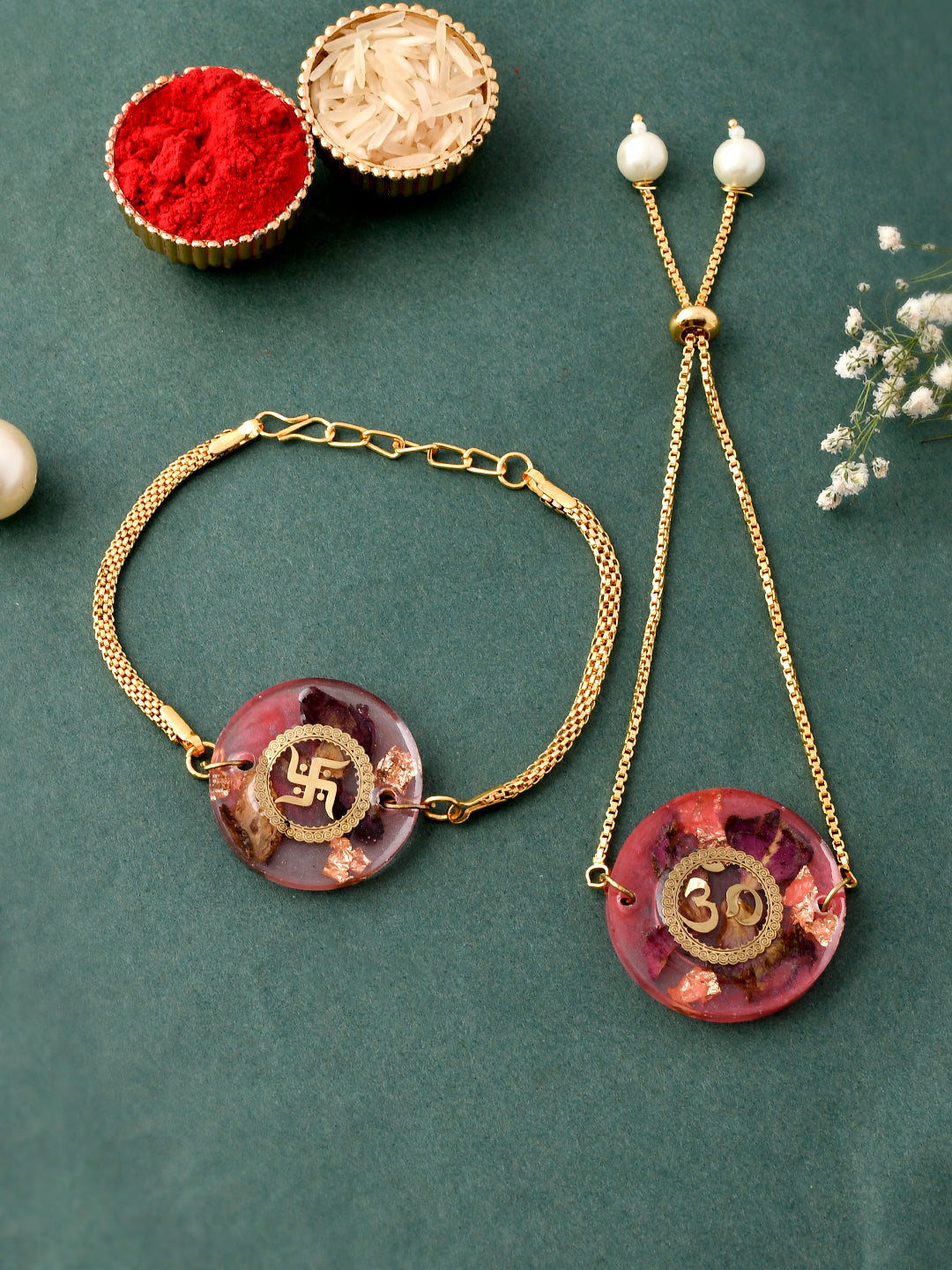 Handcrafted OM & Swastik Rose Petal Bhaiya Bhabhi Resin Pair Rakhi