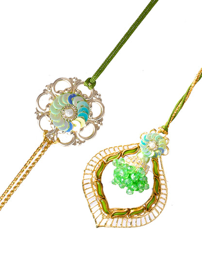 Metal, Pearl & Beads Handcrafted Whimsical Green Bhaiya Bhabhi Rakhi Set