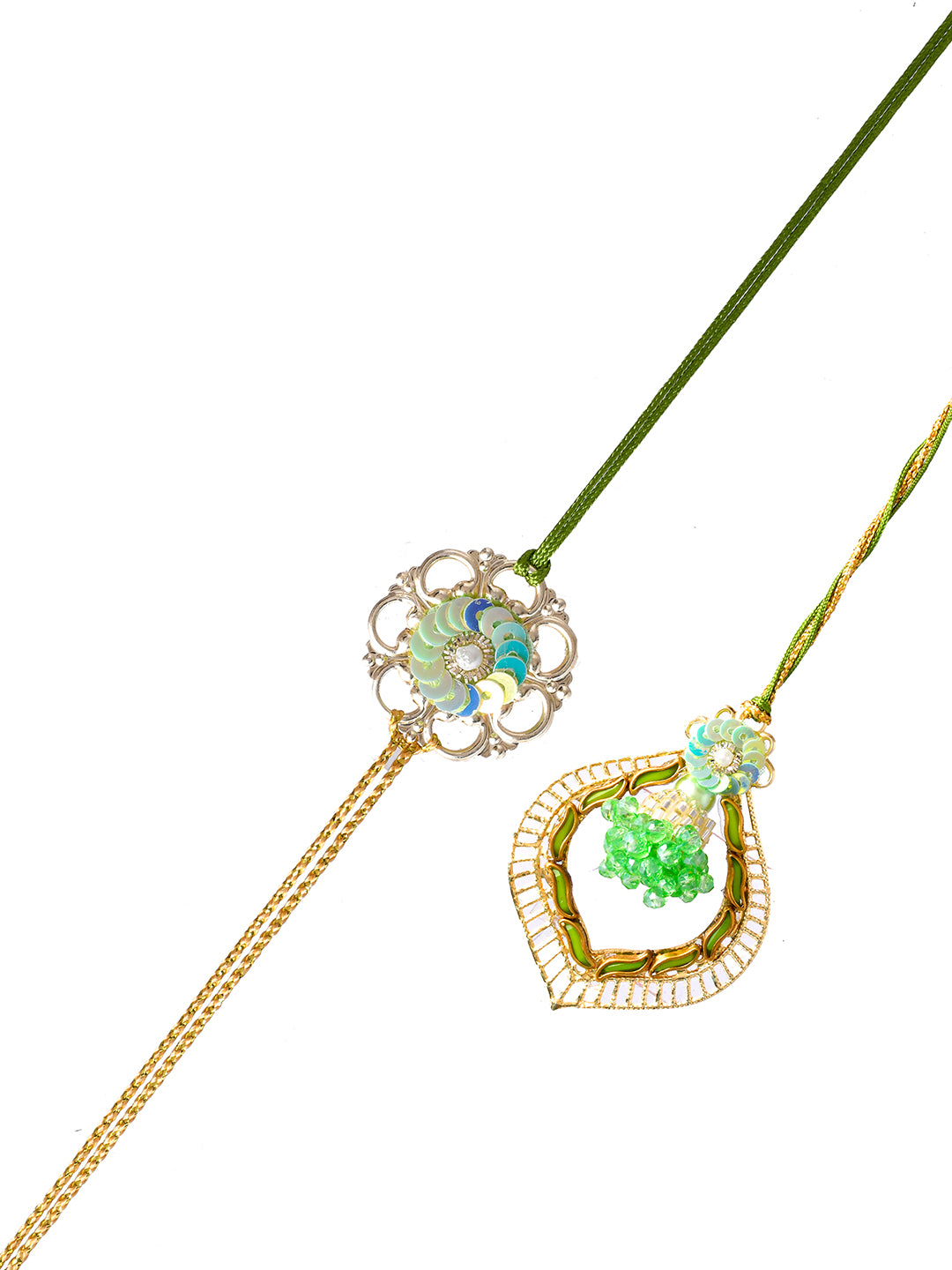 Metal, Pearl & Beads Handcrafted Whimsical Green Bhaiya Bhabhi Rakhi Set