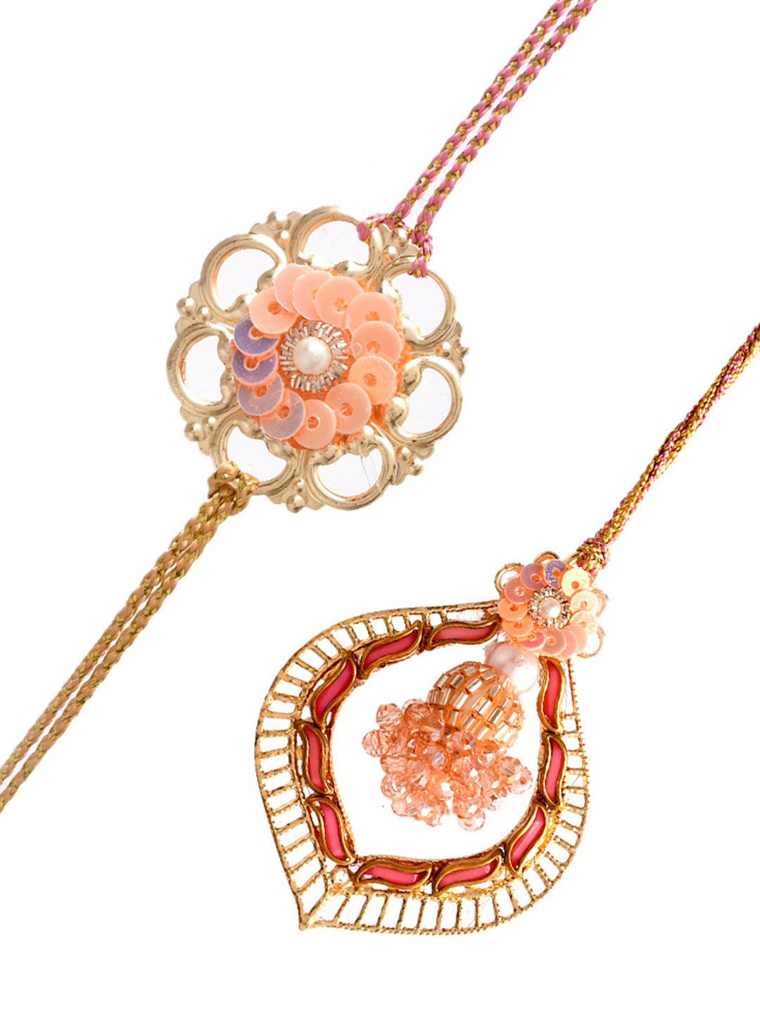 Sequins Embellished Handcrafted Whimsical Pink Bhaiya Bhabhi Rakhi Set.