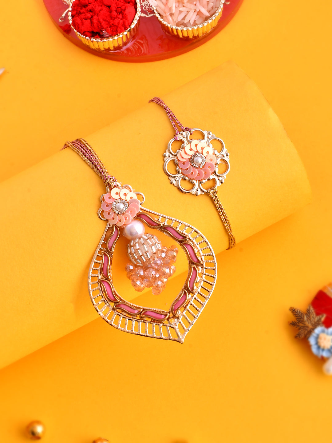 Sequins Embellished Handcrafted Whimsical Pink Bhaiya Bhabhi Rakhi Set.