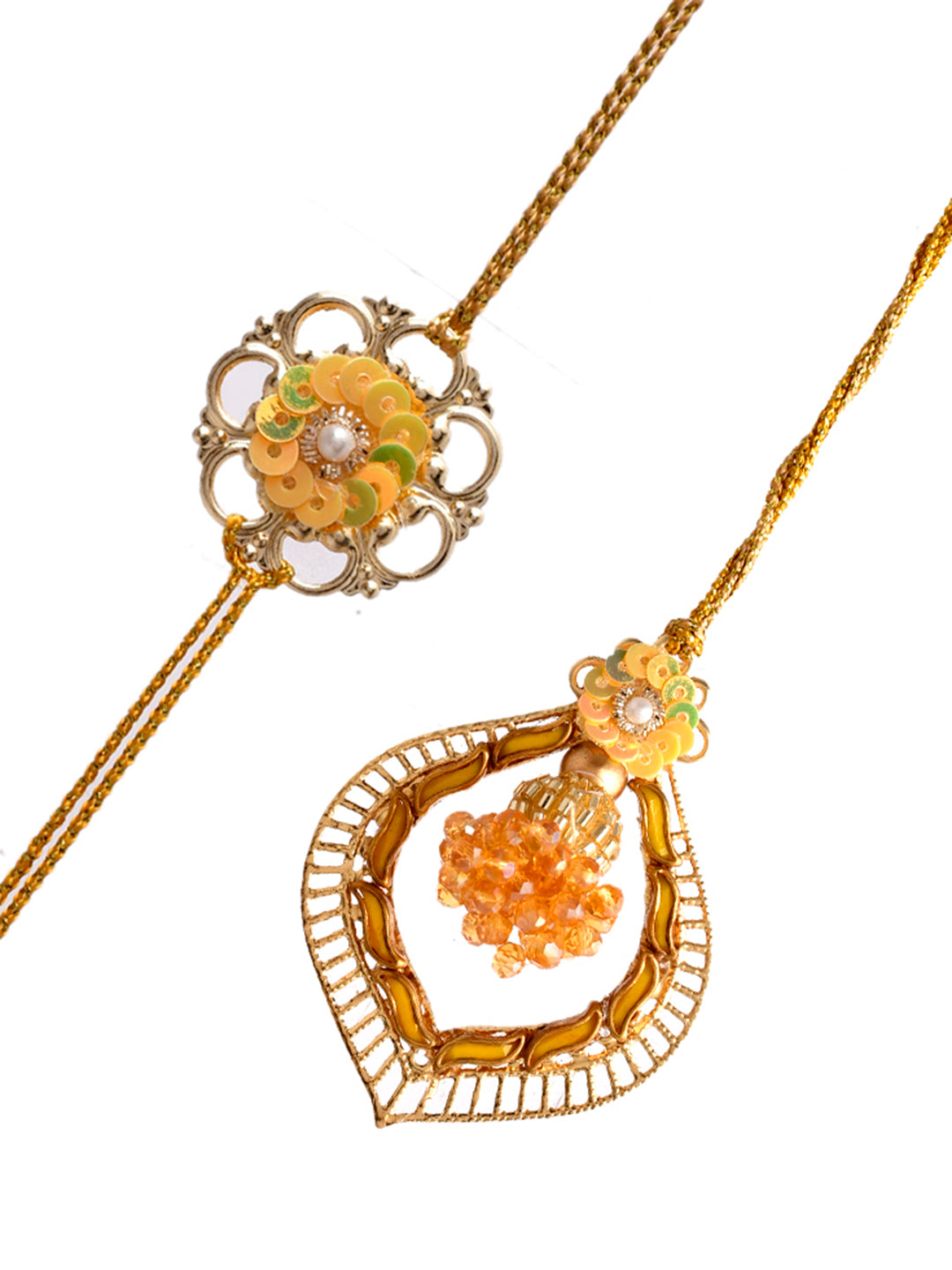 Beads, Metal & Pearl Handcrafted Whimsical Golden Yellow Bhaiya Bhabhi Rakhi Set