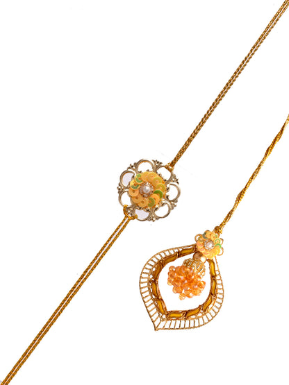 Beads, Metal & Pearl Handcrafted Whimsical Golden Yellow Bhaiya Bhabhi Rakhi Set