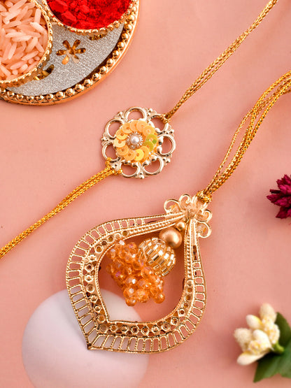 Beads, Metal & Pearl Handcrafted Whimsical Golden Yellow Bhaiya Bhabhi Rakhi Set