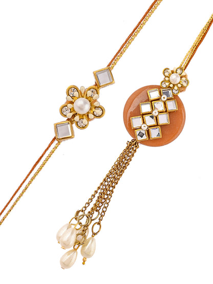 Pearl and Kundan Embellished Elegant Bhaiya Bhabhi Rakhi Set