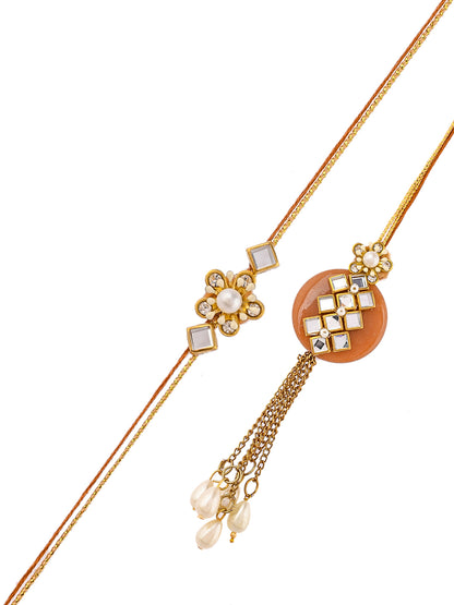 Pearl and Kundan Embellished Elegant Bhaiya Bhabhi Rakhi Set