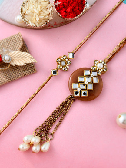 Pearl and Kundan Embellished Elegant Bhaiya Bhabhi Rakhi Set