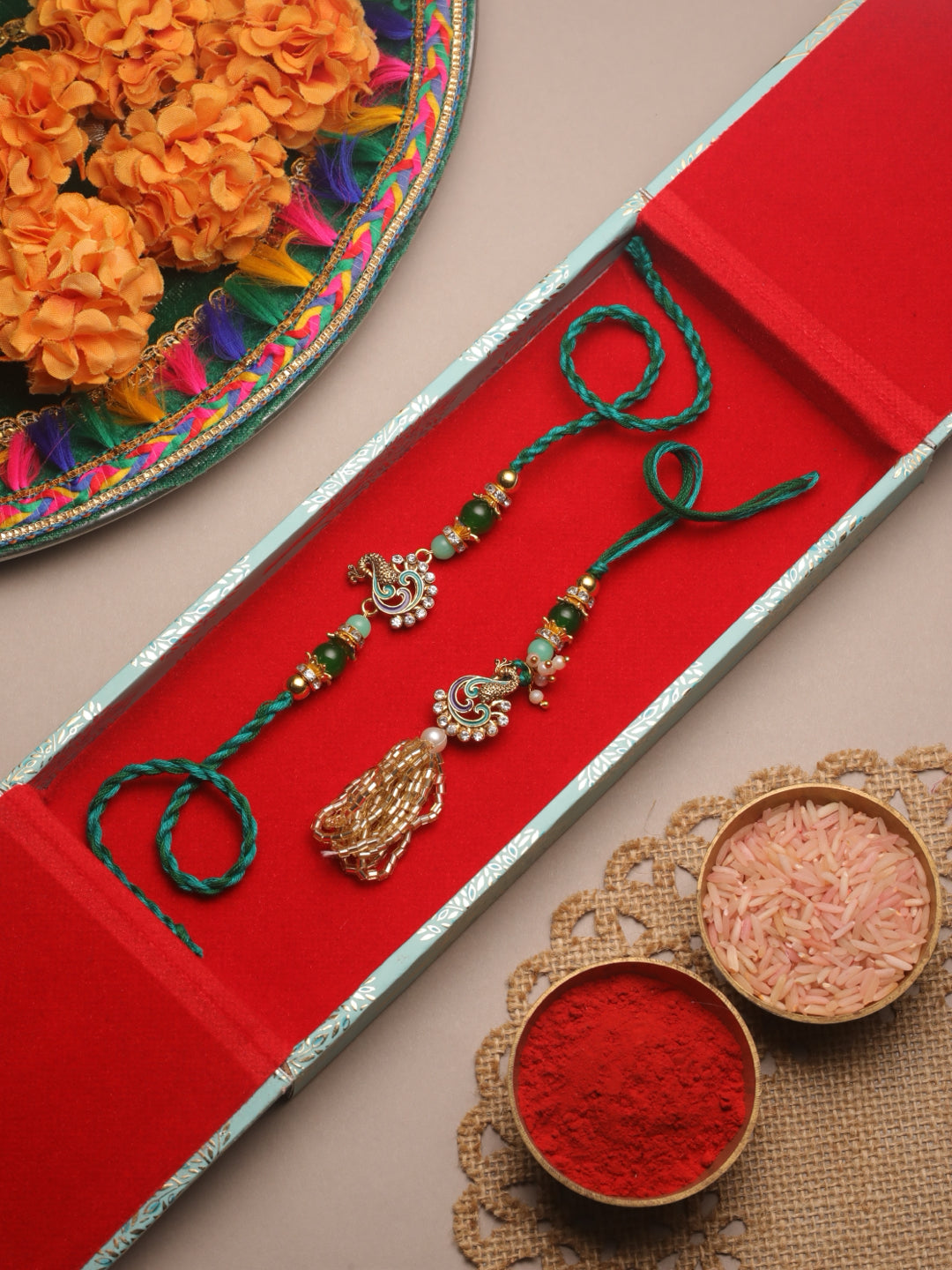 Premium Green Rakhi with 200 Gm Kanpuri Laddu - Raksha Bandhan Gift Set for Brother