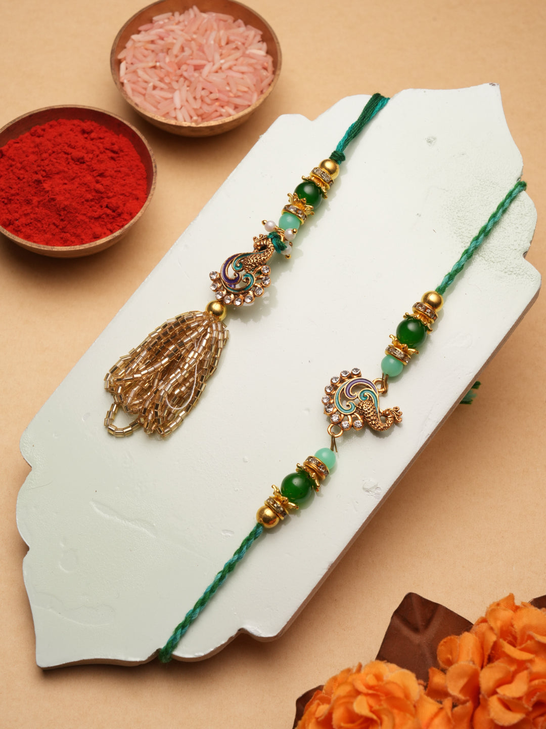 Premium Green Rakhi with 200 Gm Kanpuri Laddu - Raksha Bandhan Gift Set for Brother