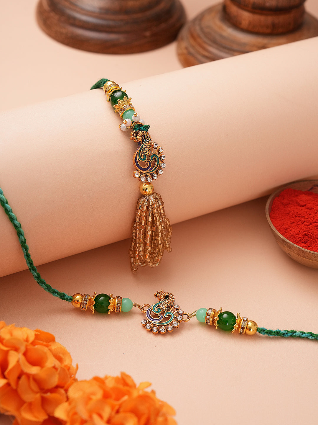 Premium Green Rakhi with 200 Gm Kanpuri Laddu - Raksha Bandhan Gift Set for Brother