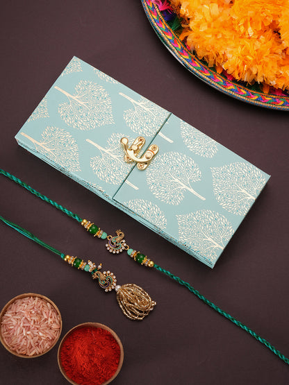 Green and Gold Bhaiya Bhabhi Rakhi with Sweet Box