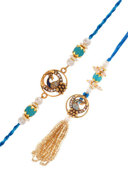 Handcrafted Peacock Motif Bhaiya Bhabhi Rakhi Set With Lustrous Pearls And Beads