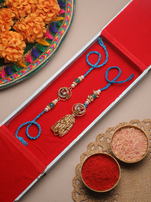 Handcrafted Peacock Motif Bhaiya Bhabhi Rakhi Set With Lustrous Pearls And Beads