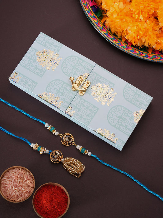 Blue and Gold Bhaiya Bhabhi Rakhi with Sweet Box