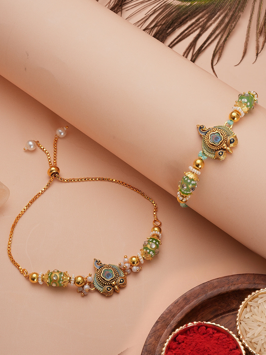 Green Traditional Bhaiya Bhabhi Rakhi Set
