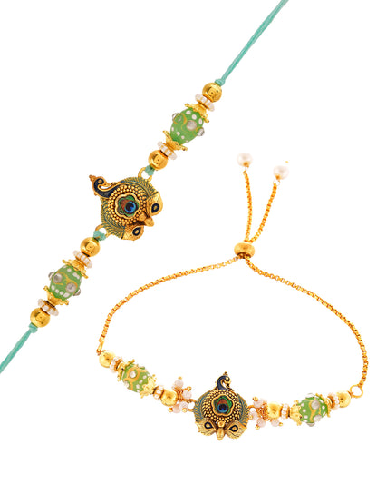 Handcrafted Peacock Motif Bhaiya Bhabhi Rakhi Set With Pearls And Sage Beads