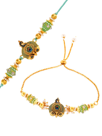 Handcrafted Peacock Motif Bhaiya Bhabhi Rakhi Set With Pearls And Sage Beads