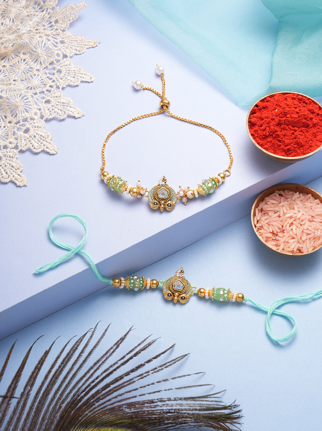 Handcrafted Peacock Motif Bhaiya Bhabhi Rakhi Set With Pearls And Sage Beads