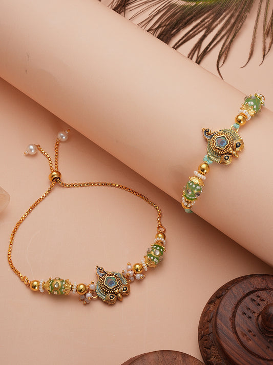 Green Traditional Bhaiya Bhabhi Rakhi Set