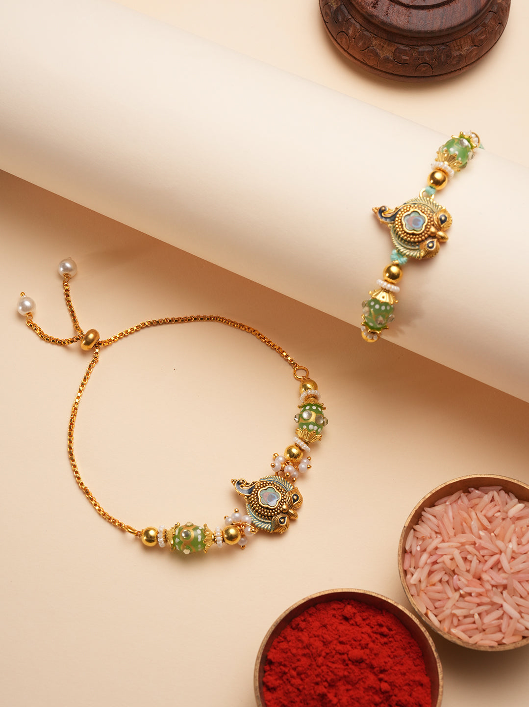 Green Traditional Bhaiya Bhabhi Rakhi Set