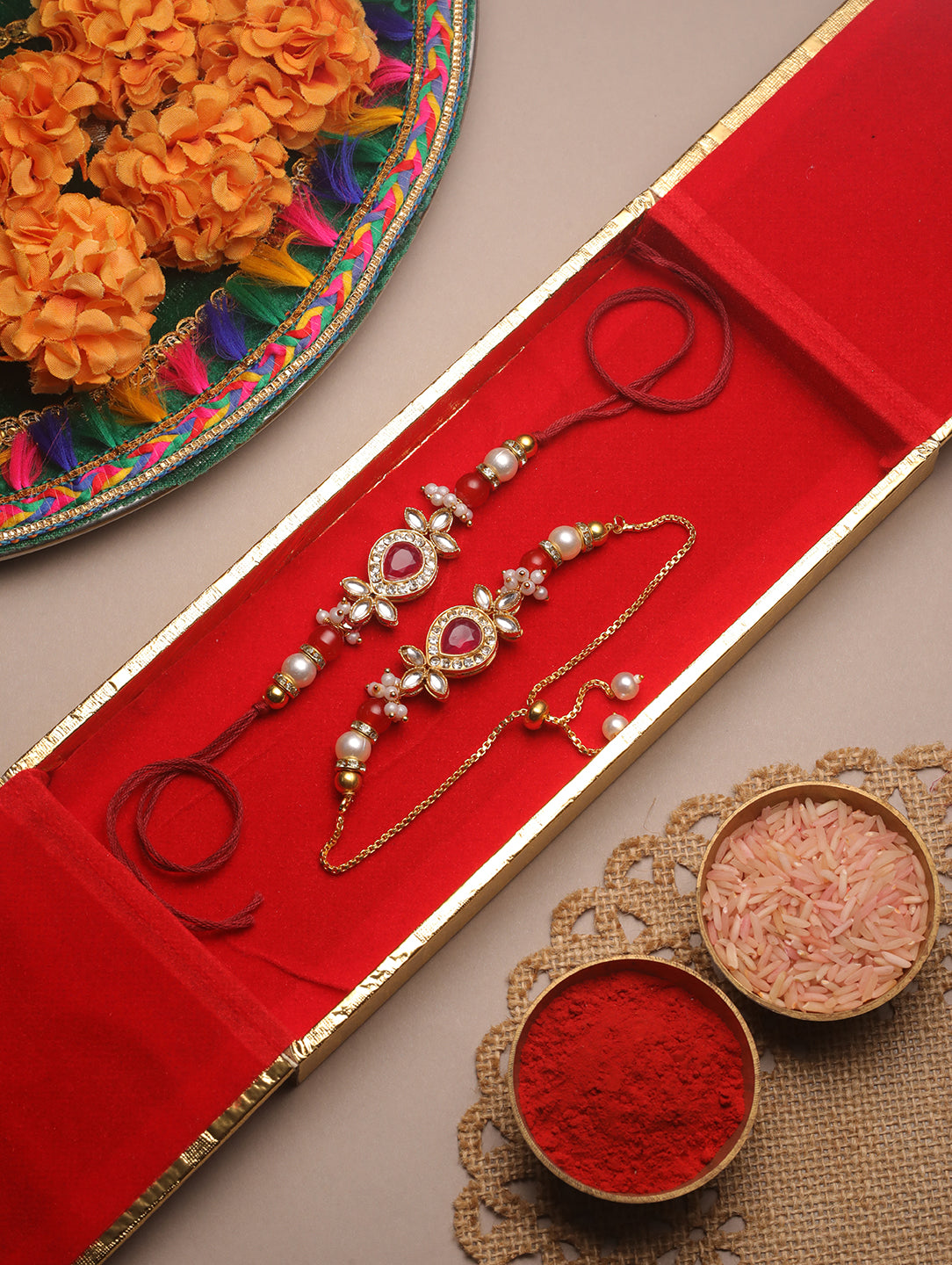 Red Traditional Bhaiya Bhabhi Rakhi with Sweet Box