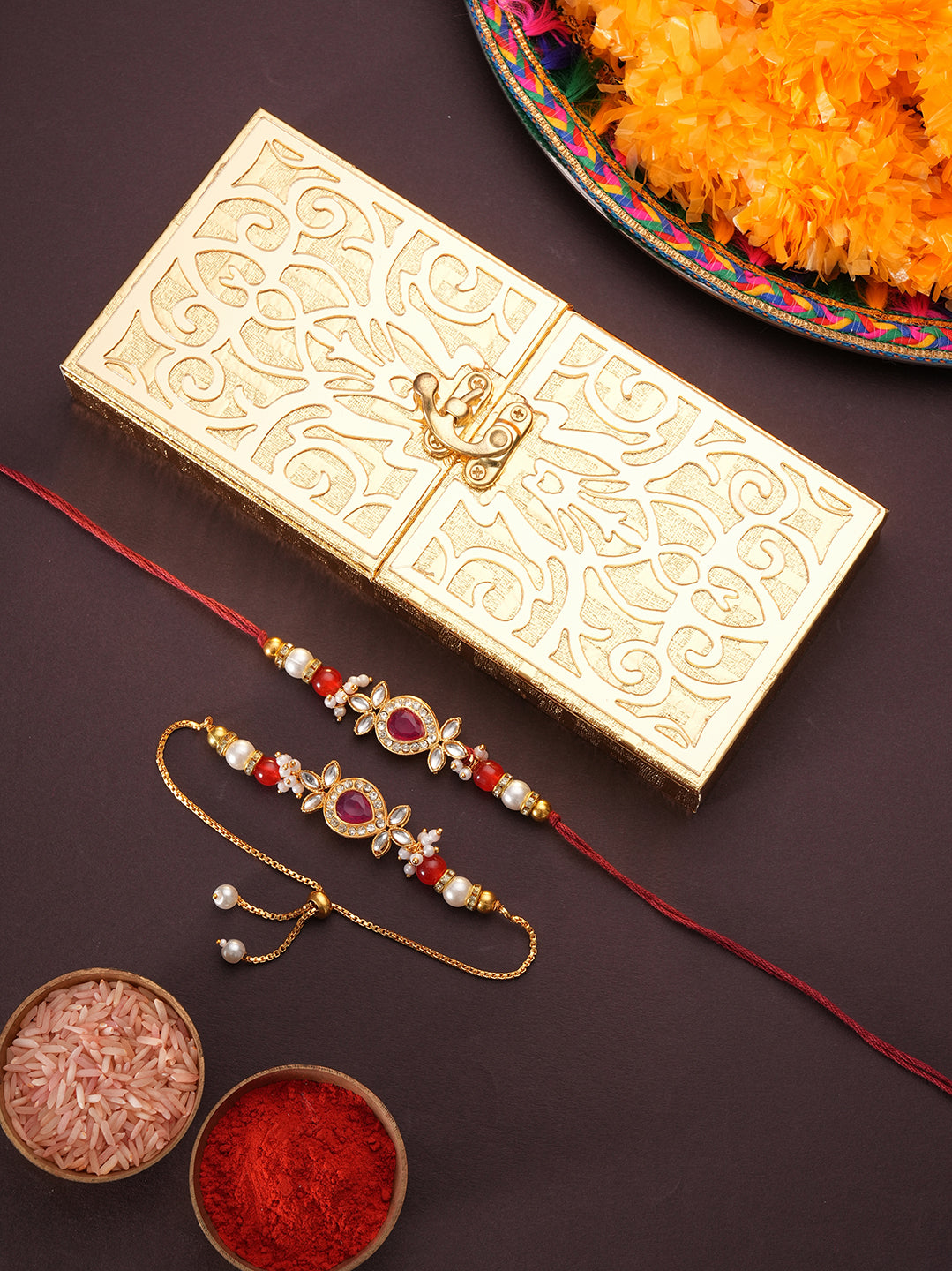 Red Traditional Bhaiya Bhabhi Rakhi with Sweet Box