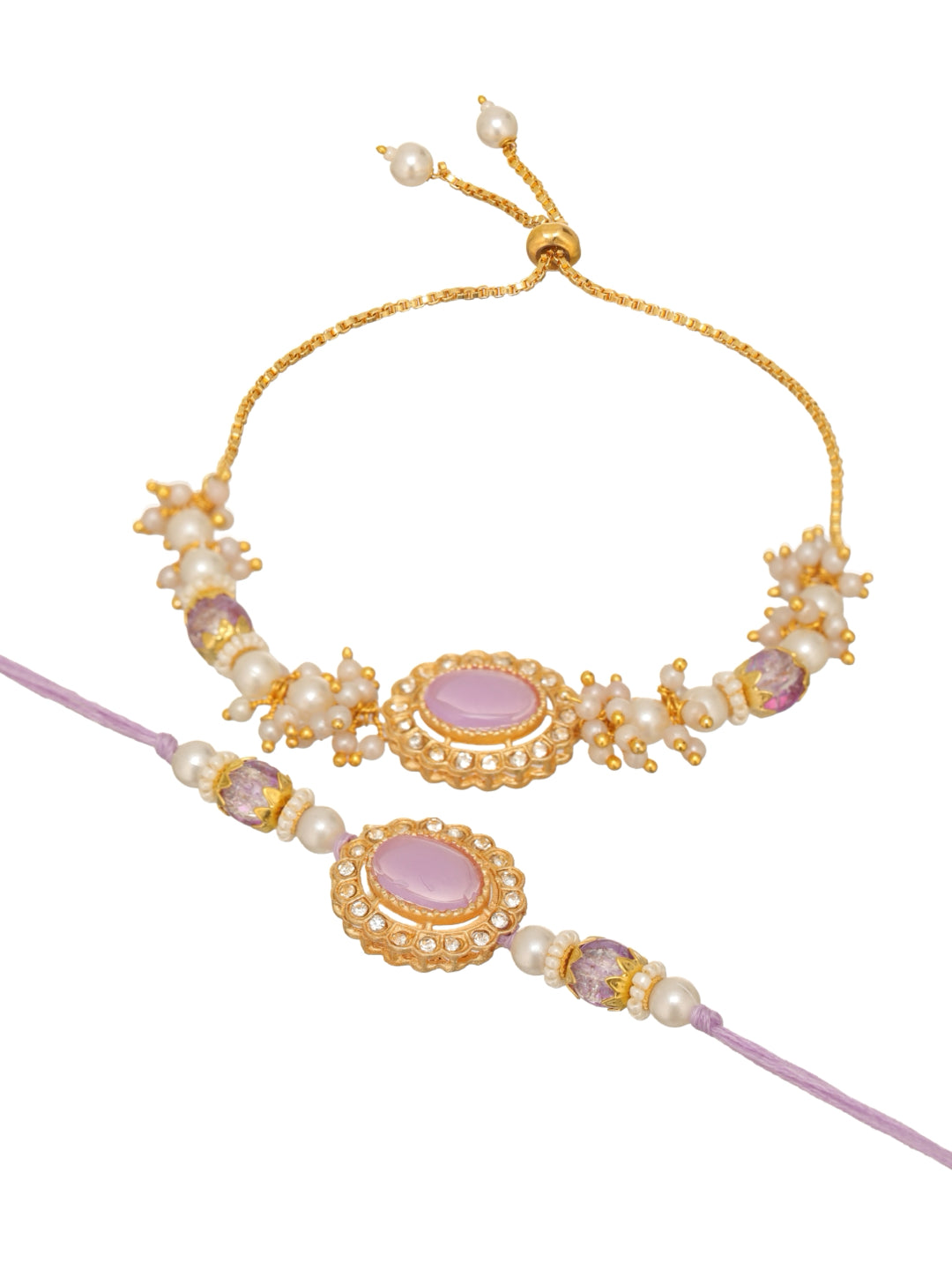 Regal Oval Stone Bhaiya Bhabhi Rakhi Set Embellished With Lustrous Seed Pearls Filigree
