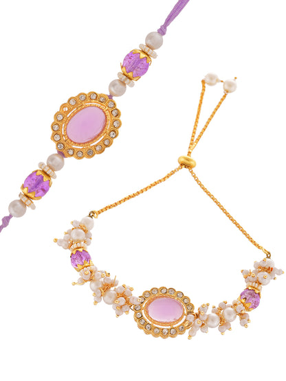 Regal Oval Stone Bhaiya Bhabhi Rakhi Set Embellished With Lustrous Seed Pearls Filigree