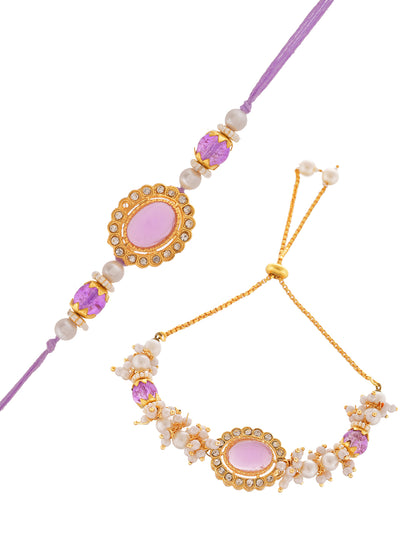 Regal Oval Stone Bhaiya Bhabhi Rakhi Set Embellished With Lustrous Seed Pearls Filigree