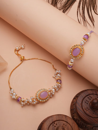 Regal Oval Stone Bhaiya Bhabhi Rakhi Set Embellished With Lustrous Seed Pearls Filigree