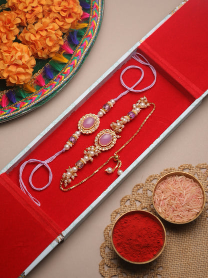 Regal Oval Stone Bhaiya Bhabhi Rakhi Set Embellished With Lustrous Seed Pearls Filigree