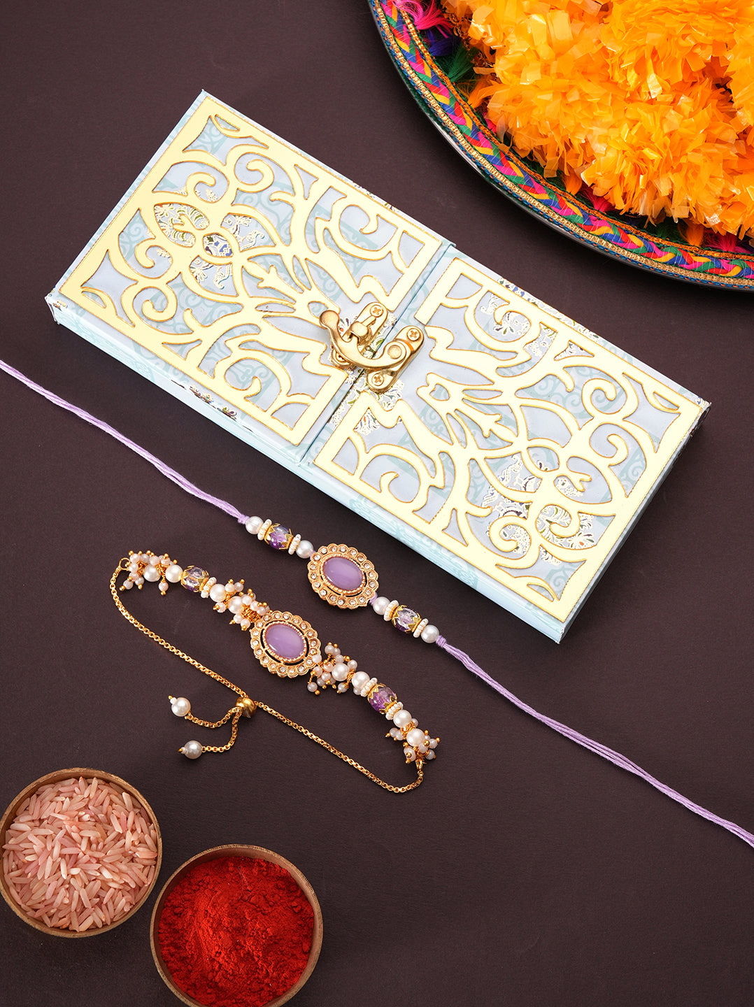 Purple Elegant Bhaiya Bhabhi Rakhi with Sweet Box