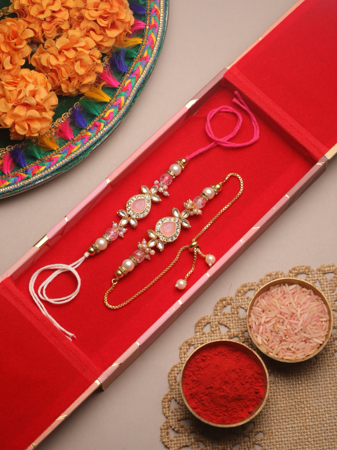 Premium Pink Rakhi with 200 Gm Kanpuri Laddu - Raksha Bandhan Gift Set for Brother