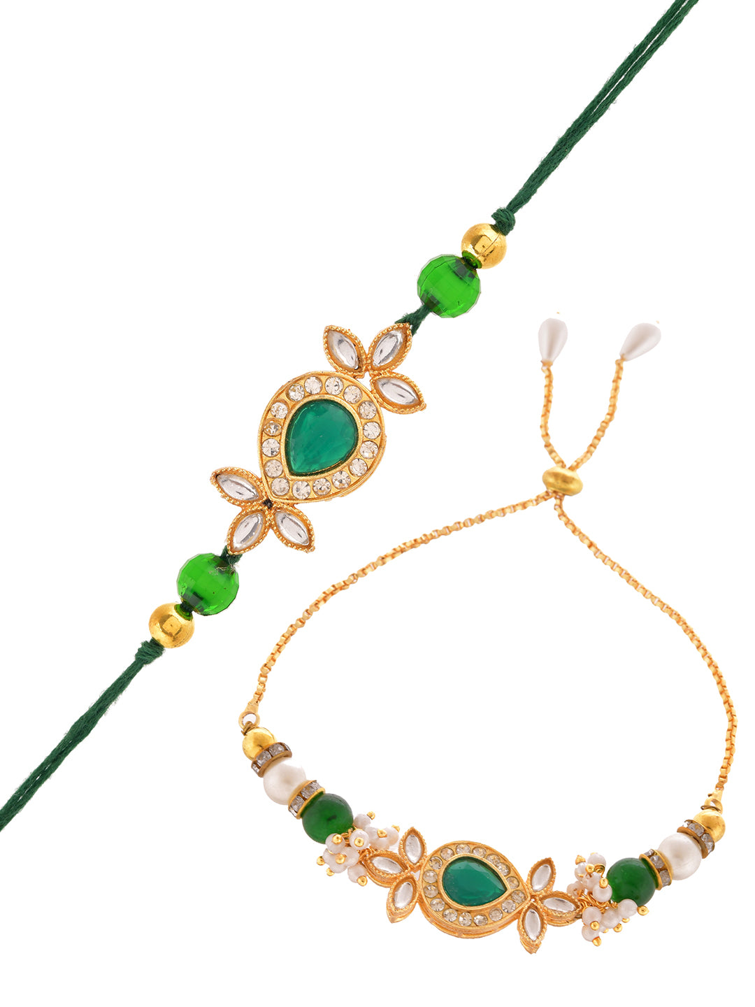 Regal Deep Green Gemstone Bhaiya Bhabhi Rakhi set with Delicate Pearl Accents