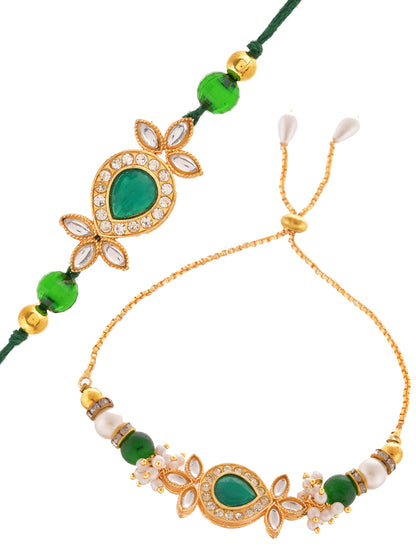 Regal Deep Green Gemstone Bhaiya Bhabhi Rakhi set with Delicate Pearl Accents