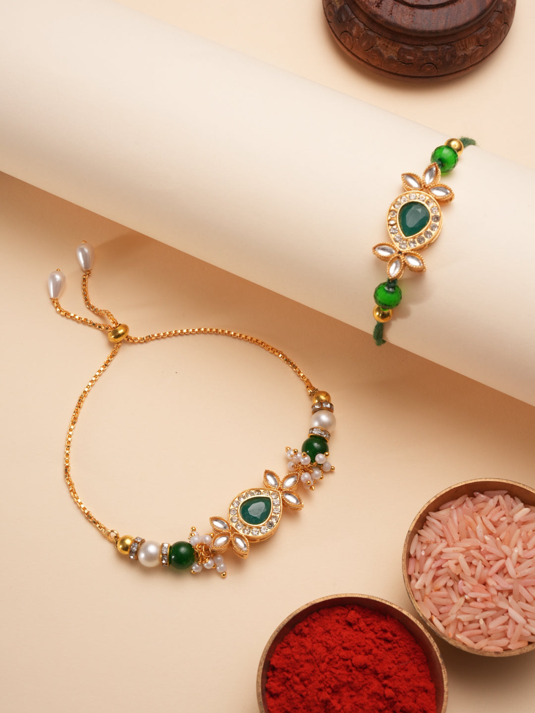 Green Beaded Bhaiya Bhabhi Rakhi Set