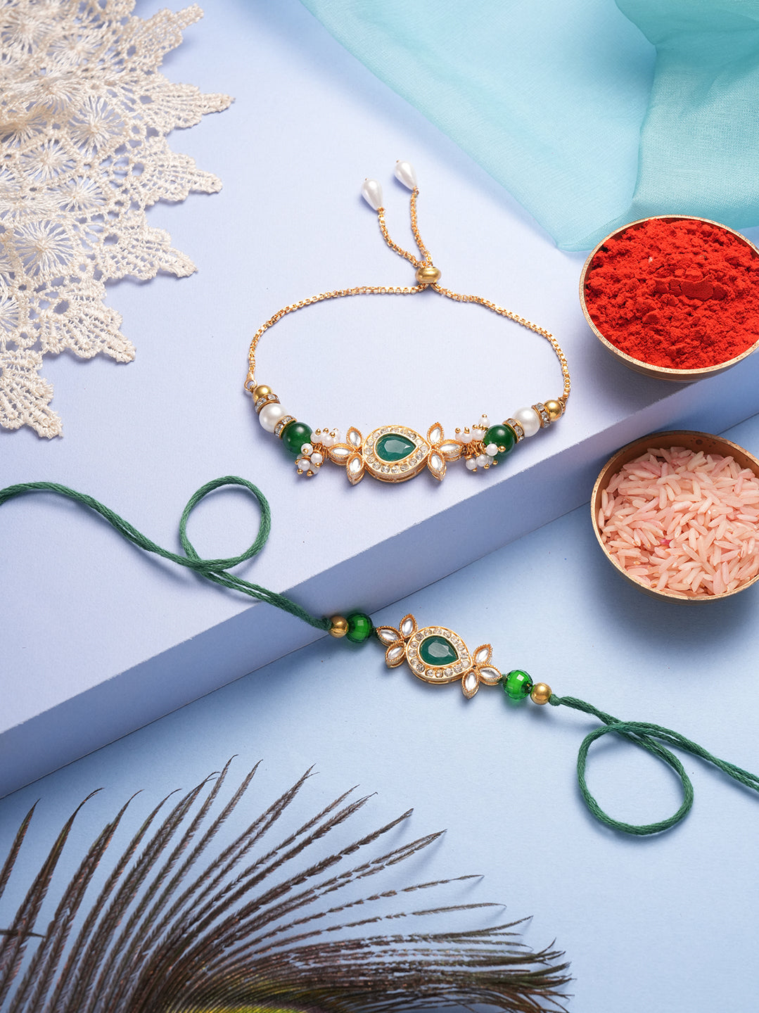 Green Beaded Bhaiya Bhabhi Rakhi Set