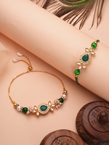 Green Beaded Bhaiya Bhabhi Rakhi Set