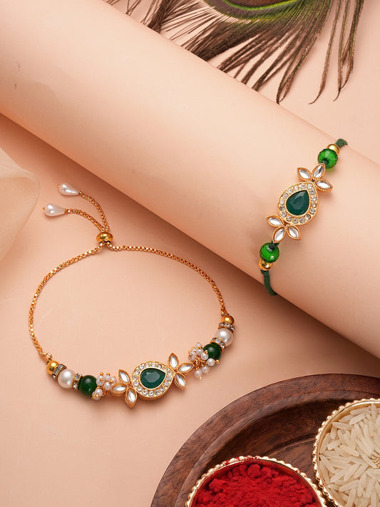 Green Beaded Bhaiya Bhabhi Rakhi Set