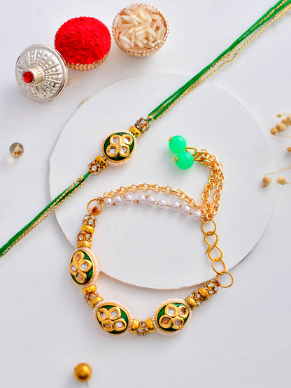 Traditional Kundan Crafted Emerald Bracelet with Bhaiya Rakhi