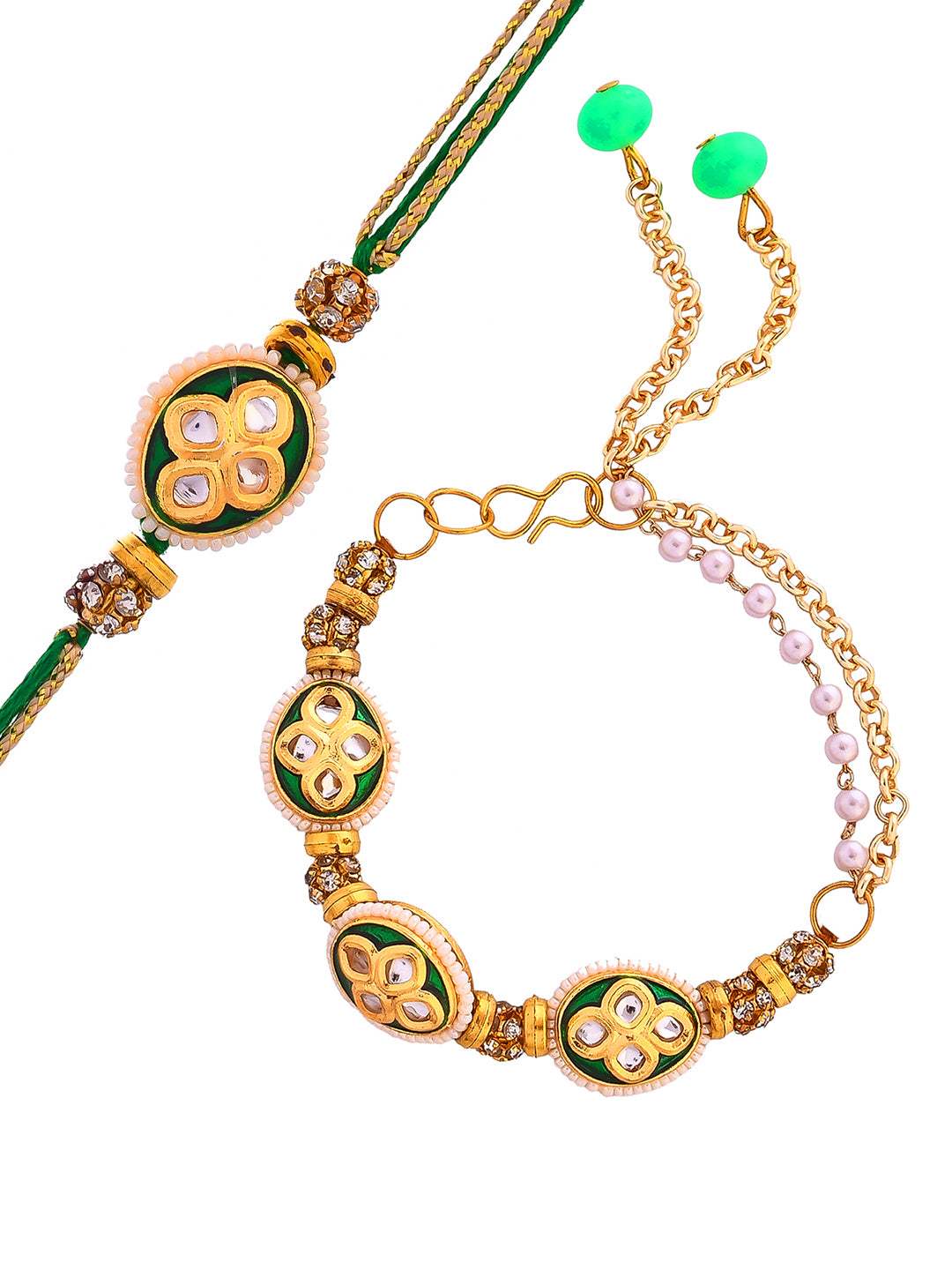 Traditional Kundan Crafted Emerald Bracelet with Bhaiya Rakhi