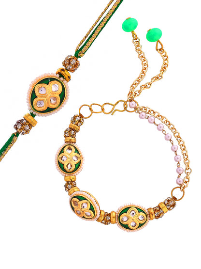 Traditional Kundan Crafted Emerald Bracelet with Bhaiya Rakhi