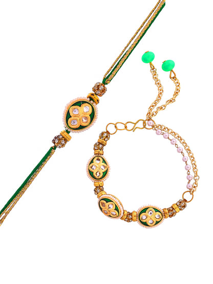 Traditional Kundan Crafted Emerald Bracelet with Bhaiya Rakhi