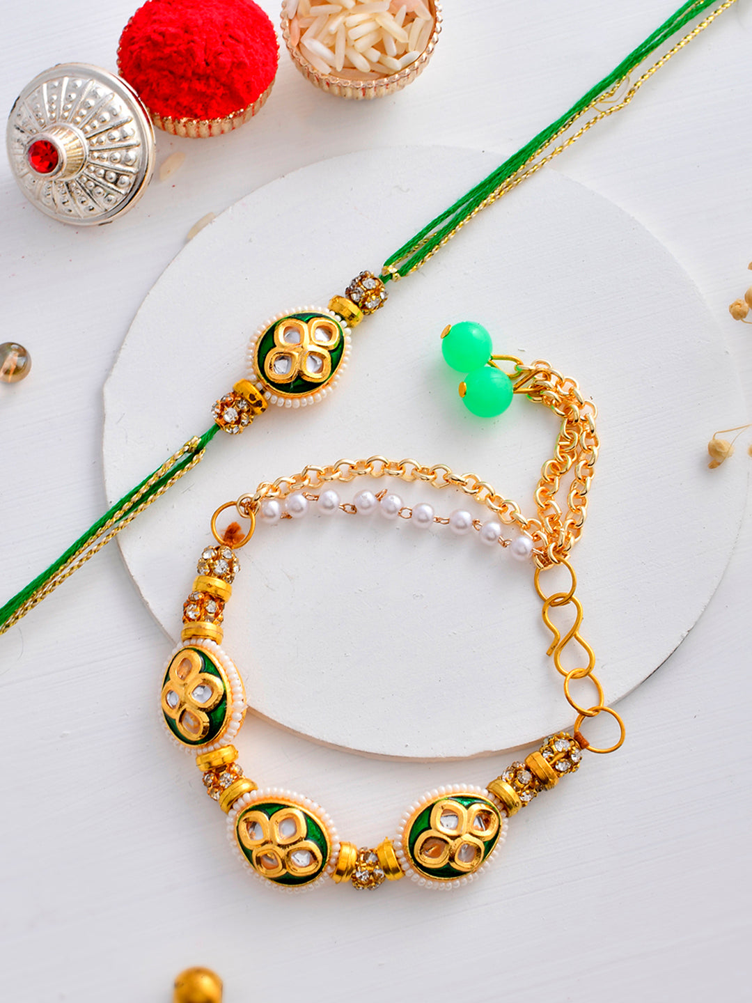 Traditional Kundan Crafted Emerald Bracelet with Bhaiya Rakhi